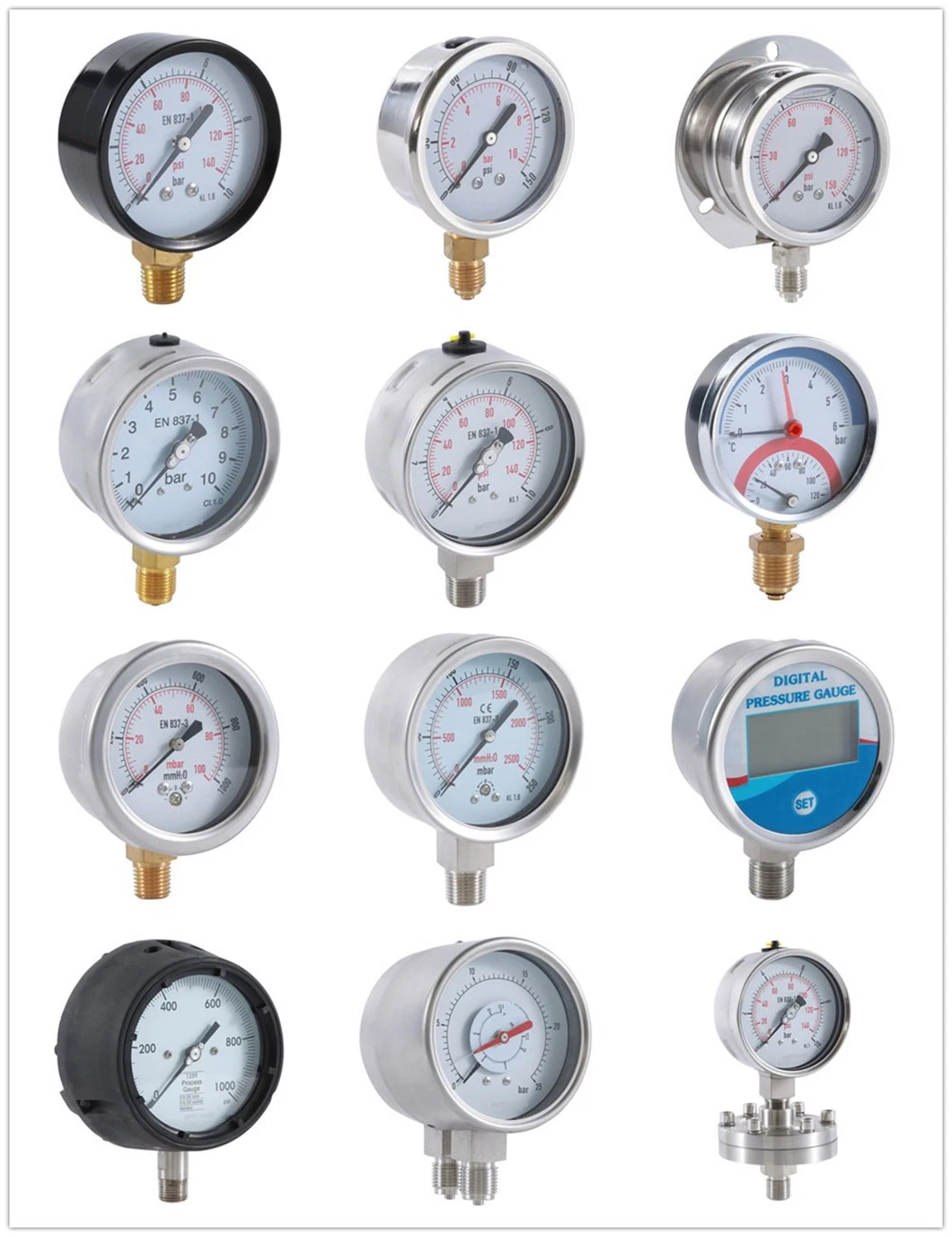 Pressure and Temperature Gauge, Thermometer and Manometer Type- Black Steel Case &Brass Connection